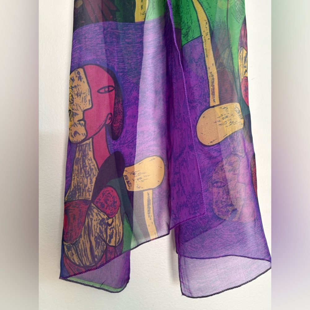 Abstract Art Sheer Scarf Picasso Style Wearable Art Lightweight Statement Wrap